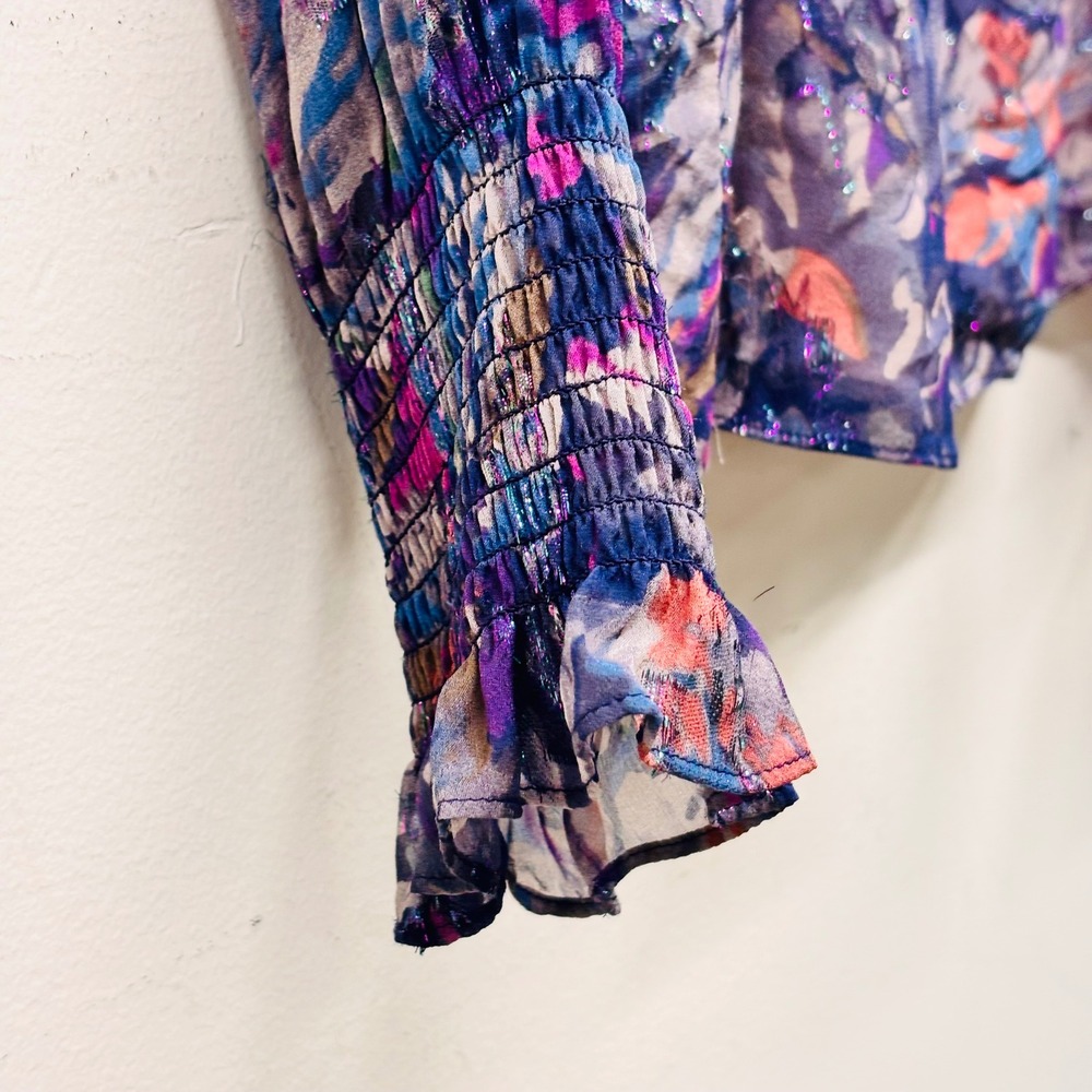 Rebecca Taylor Silk Metallic Floral Smocked Mock Neck Blouse Purple Blue Size 0 - Picture 3 of 8